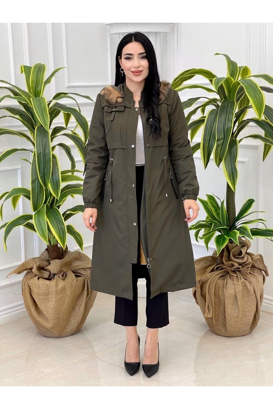 Şeritli Fermuar Parka Kaban 4222-Haki