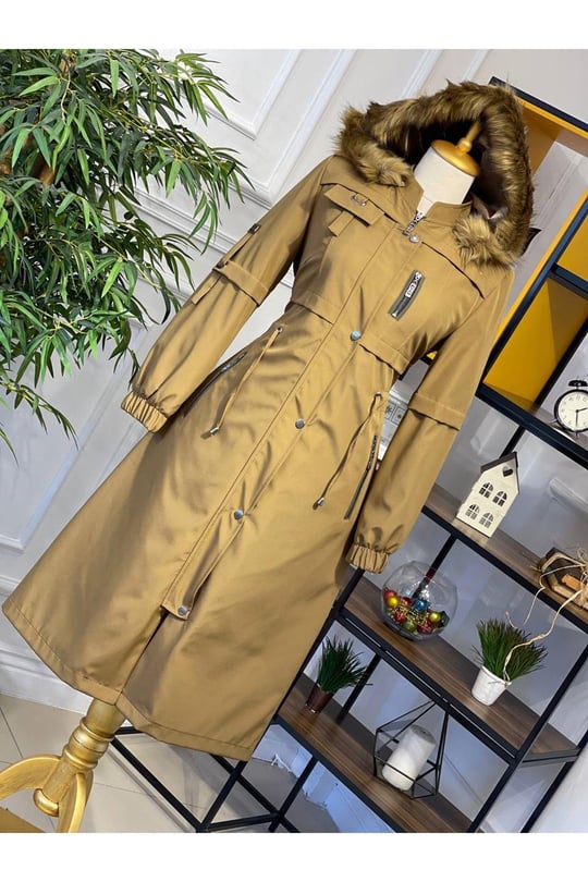 Şeritli Parka Kaban 4222-Camel