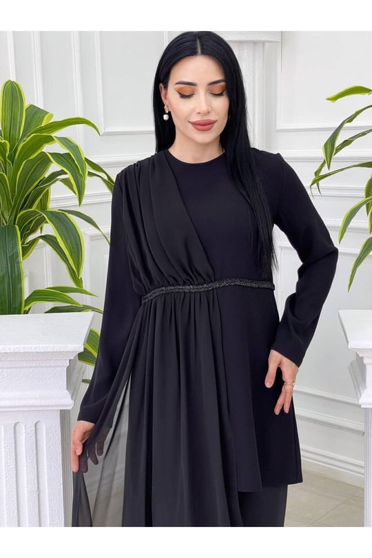 Şifon Detay Tunikli Takım 22043-Siyah
