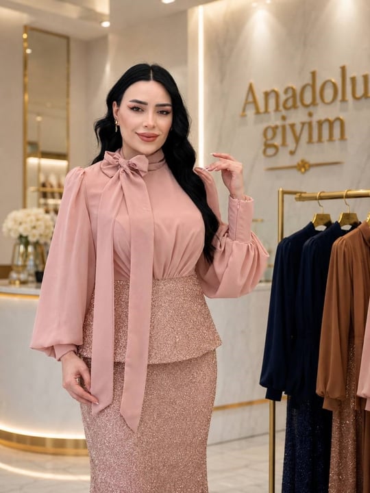 Şifon Fularlı Işıltılı Etekli Takım 5528 T-26 Pudra