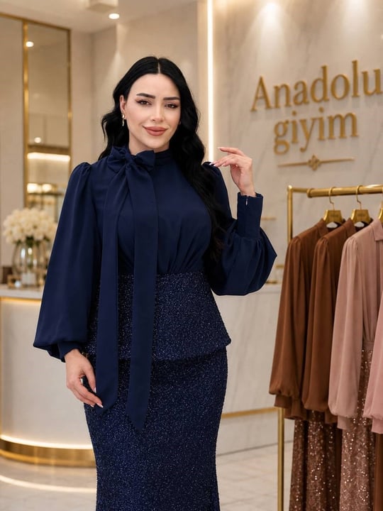 Şifon Fularlı Işıltılı Etekli Takım 5528 T-26 Lacivert