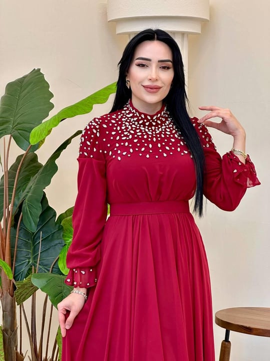Şifon Önü Taşlı Elbise 5112 T-25 Bordo