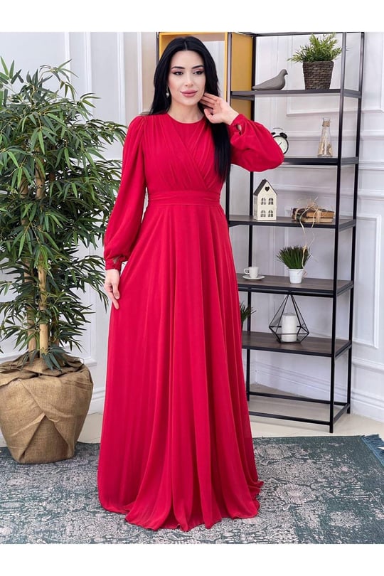 Şifon Tam Tur Elbise 12373-Kırmızı
