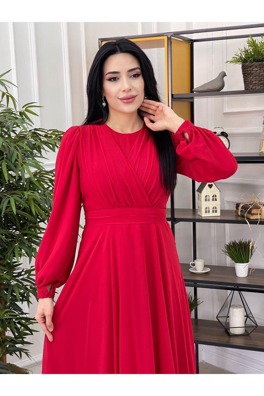 Şifon Tam Tur Elbise 12373-Kırmızı