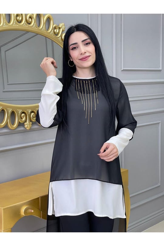 Şifonlu Kolyeli Takım-Siyah