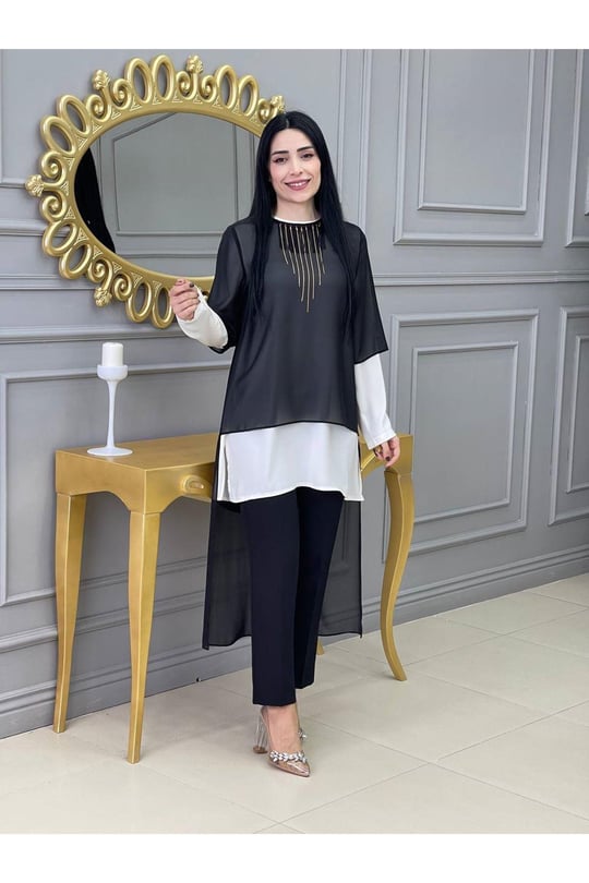 Şifonlu Kolyeli Takım-Siyah