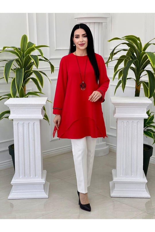 Şifonlu Tunik 3864-Kırmızı