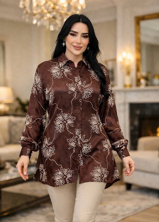 Şık Desenli Saten Gömlek 250356 T-26 Kahverengi