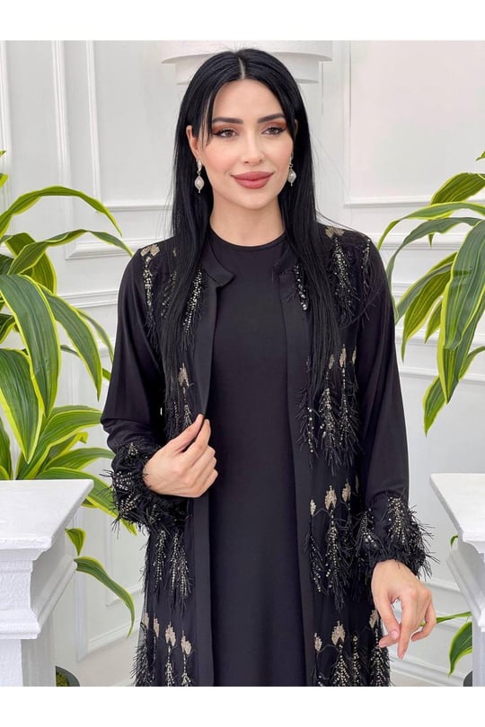 Sim Güpürlü Abaya Takım 882-Siyah