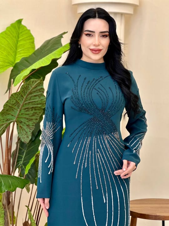 Sim İşleme Suzanna Elbise 1163 T-26 Zümrüt Yeşil