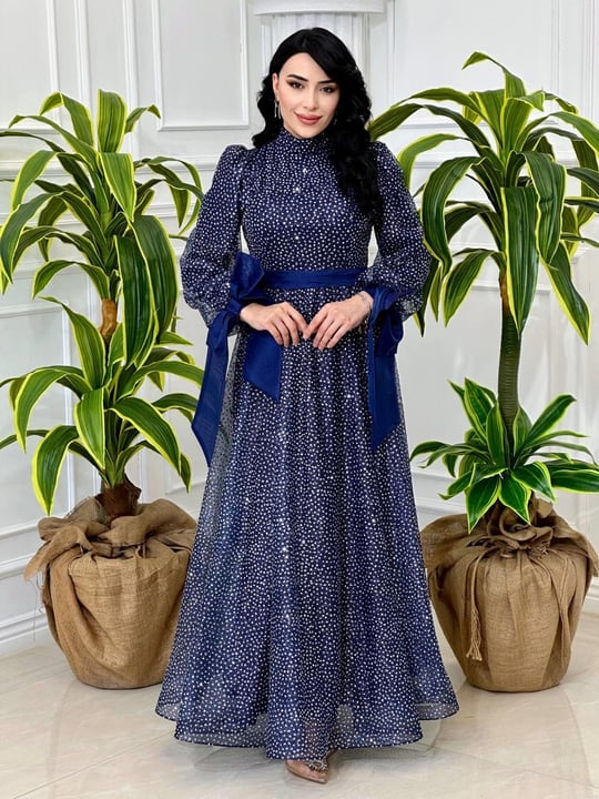 Sim Puantiye Organze Elbise 4530 T-24 Lacivert