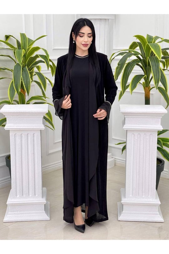 Simli Abaya Takım 7126-Siyah