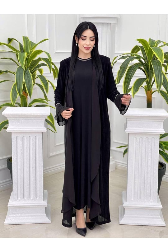 Simli Abaya Takım 7126-Siyah