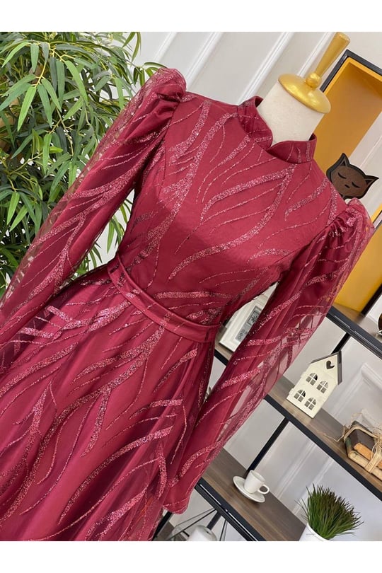 Simli Abiye 18055-Bordo