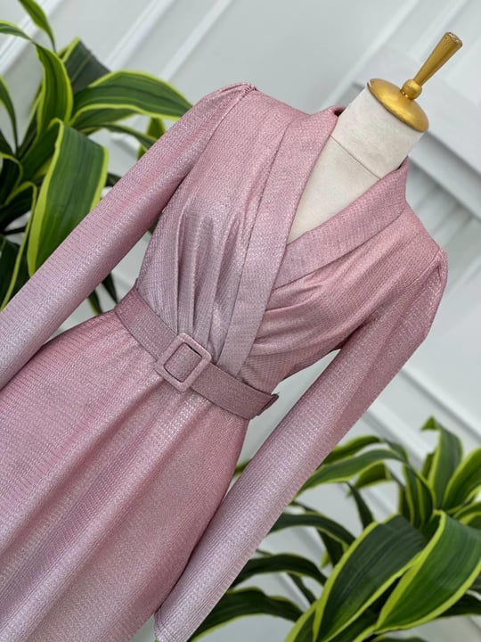 Simli Kemerli Elbise 4427 t-24 pembe