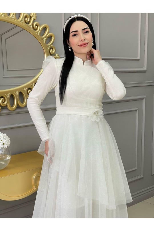 Simli Prenses Abiye 01150-Beyaz
