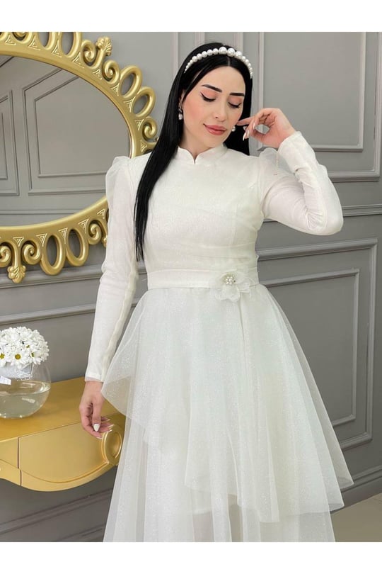 Simli Prenses Abiye 01150-Beyaz
