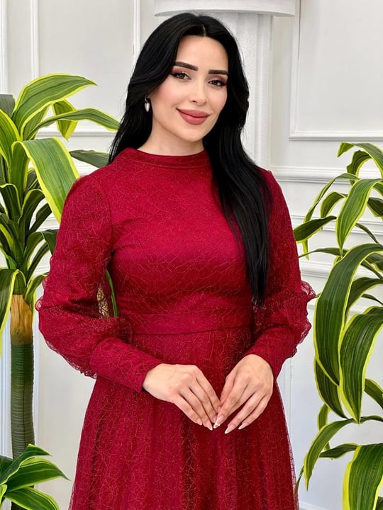 Simli Tül Abiye Elbise 9331 t-24 Bordo