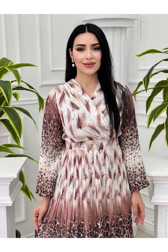 Sulu Desen Kruvaze Şifon Elbise 3889-Beyaz Kahve