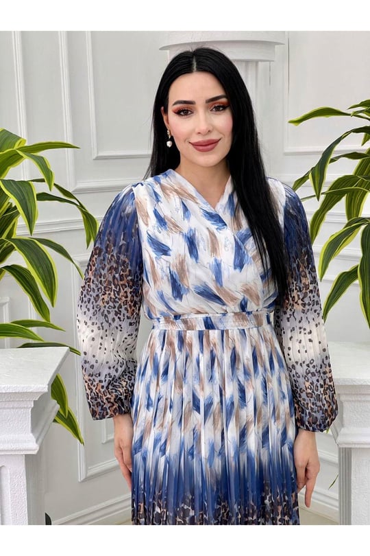 Sulu Desen Kruvaze Şifon Elbise 3889-Beyaz Mavi