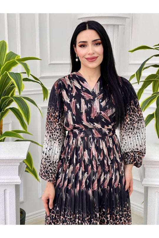 Sulu Desen Kruvaze Şifon Elbise 3889-Siyah