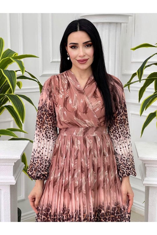 Sulu Desen Kruvaze Şifon Elbise 3889-Somon