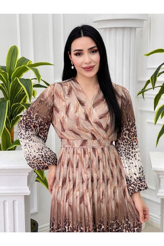 Sulu Desen Kruvaze Şifon Elbise 3889-Vizon