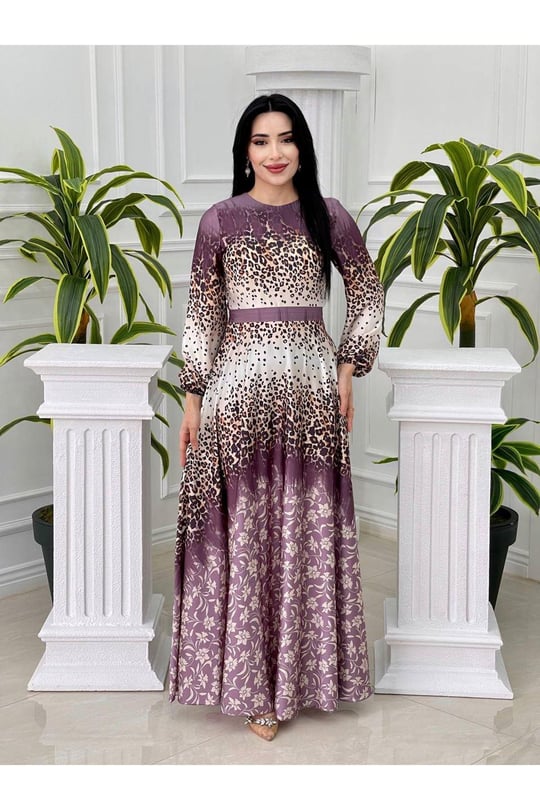 Sulu Desen Saten Elbise 4049-Leylak
