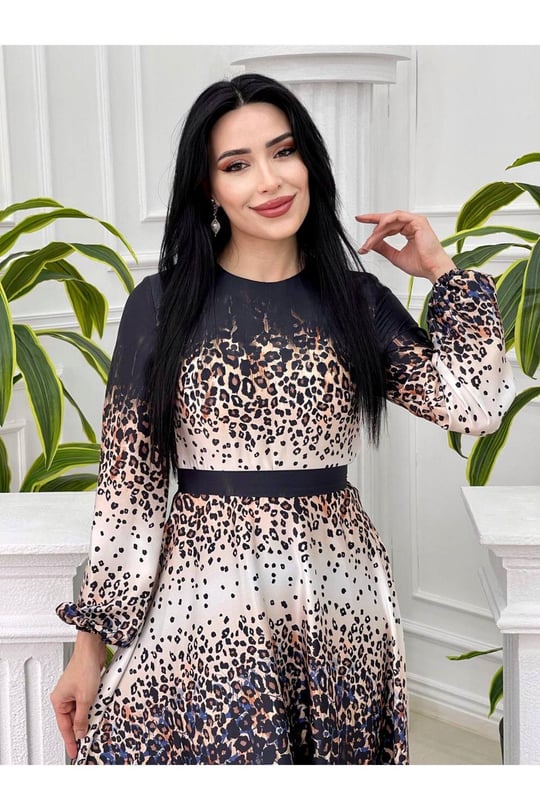 Sulu Desen Saten Elbise 4049-Saks