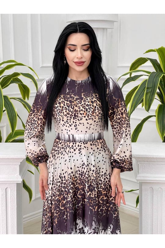 Sulu Desen Saten Elbise 4049-Siyah