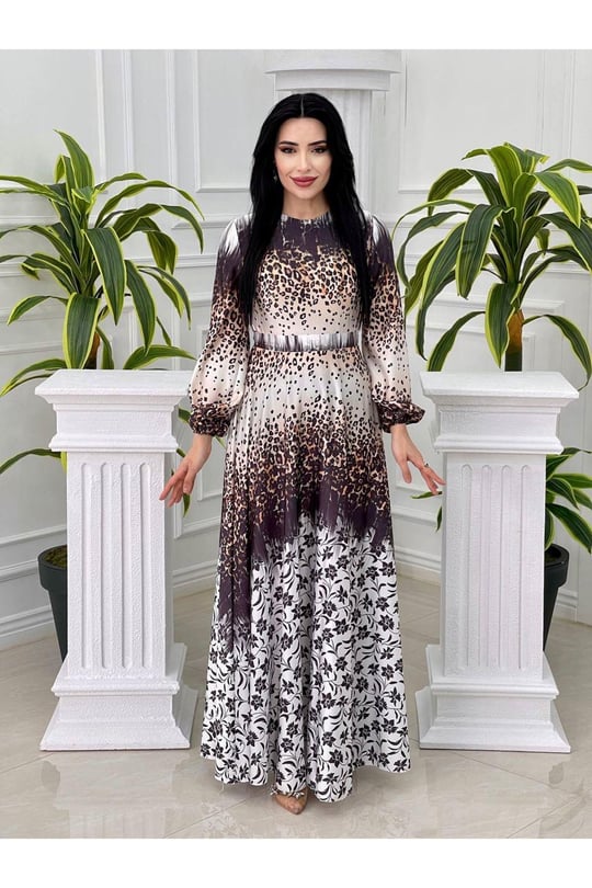 Sulu Desen Saten Elbise 4049-Siyah
