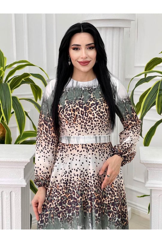 Sulu Desen Saten Elbise 4049-Yeşil