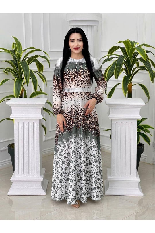 Sulu Desen Saten Elbise 4049-Yeşil