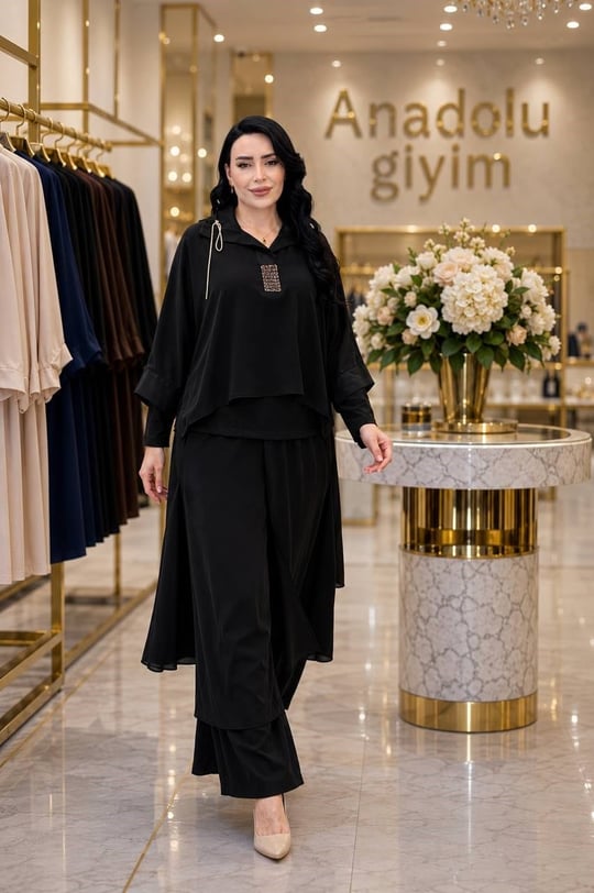 Taş Bağcık Şık Etek Pantolon'lu Takım 7350 T-26 Siyah