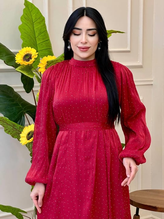Taş Benek Balon Kol Elbise 1520 E-025 Bordo