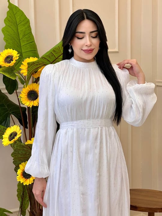Taş Benek Balon Kol Elbise 1520 E-025 Beyaz
