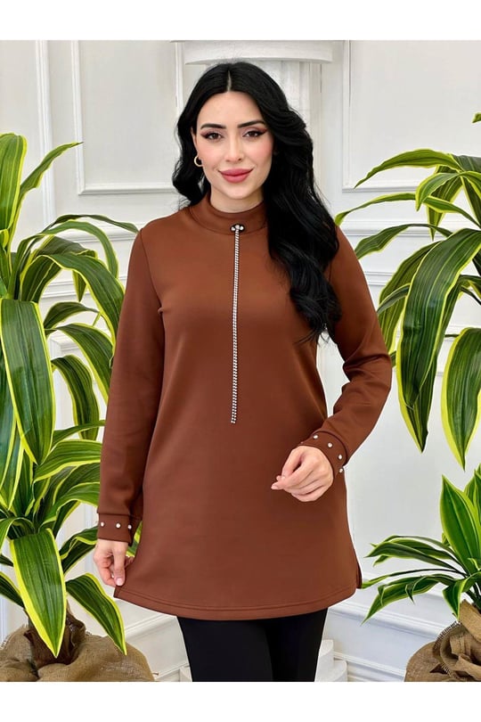 Taş Broşlu Skuba Tunik-Kahverengi