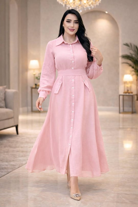 Taş Detay Düğmeli Elbise 2035 T-26 pembe
