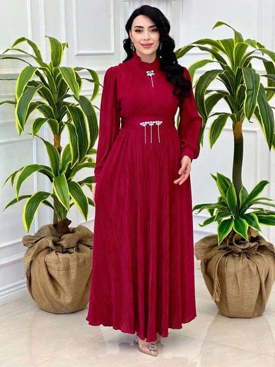 Taş Detay Fitilli Elbise 1665 t-024 Vişne