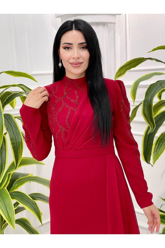 Taş Detay Krep Elbise 3791-Kırmızı