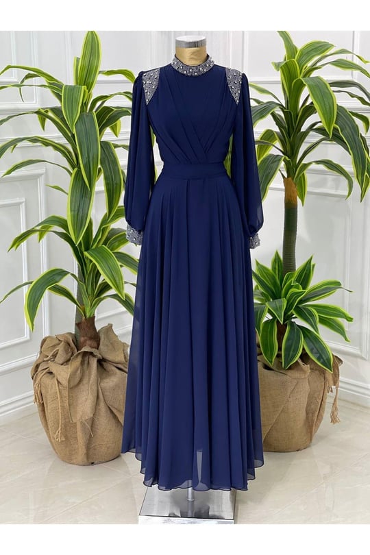 Taş Detay Şifon Elbise 4408-Lacivert