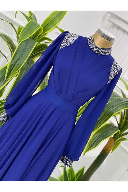 Taş Detay Şifon Elbise 4408-Saks