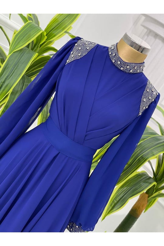 Taş Detay Şifon Elbise 4408-Saks