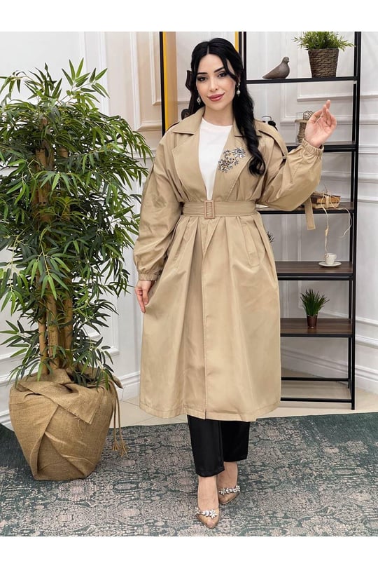 Taş Detay Trenchcoat Kap 15110-Bej