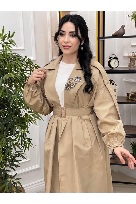 Taş Detay Trenchcoat Kap 15110-Bej