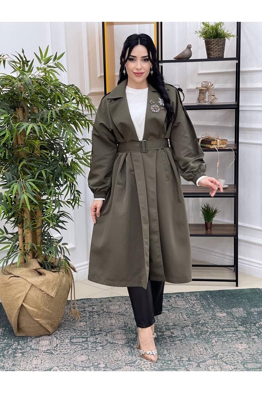 Taş Detay Trenchcoat Kap 15110-Haki