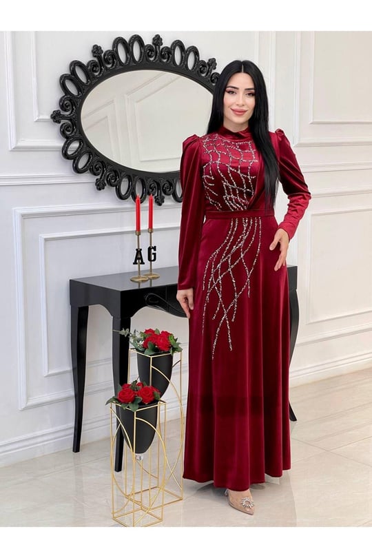 Taş İşleme Kadife Elbise 4256-Bordo