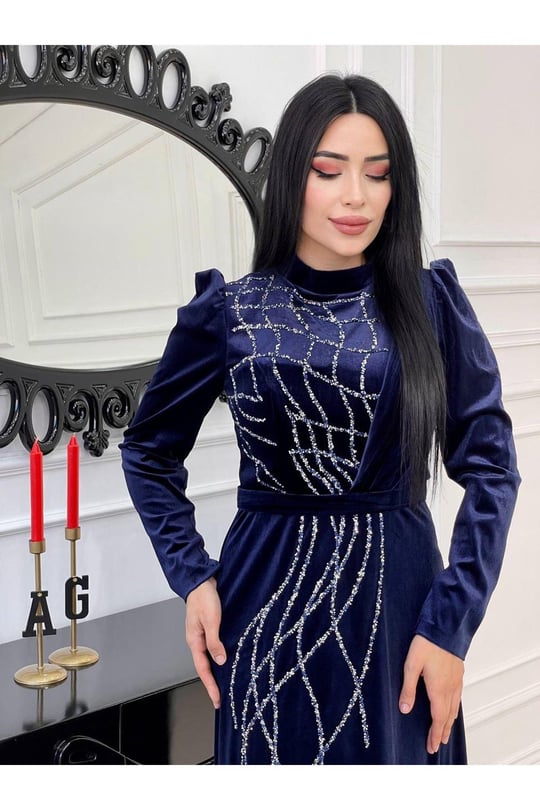 Taş İşleme Kadife Elbise 4256-Lacivert