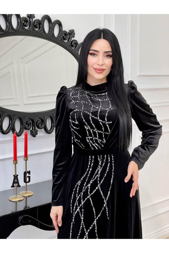 Taş İşleme Kadife Elbise 4256-Siyah