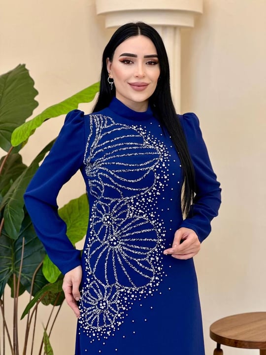 Taş İşleme Kalem Krep Elbise 4604 t-24 Saks